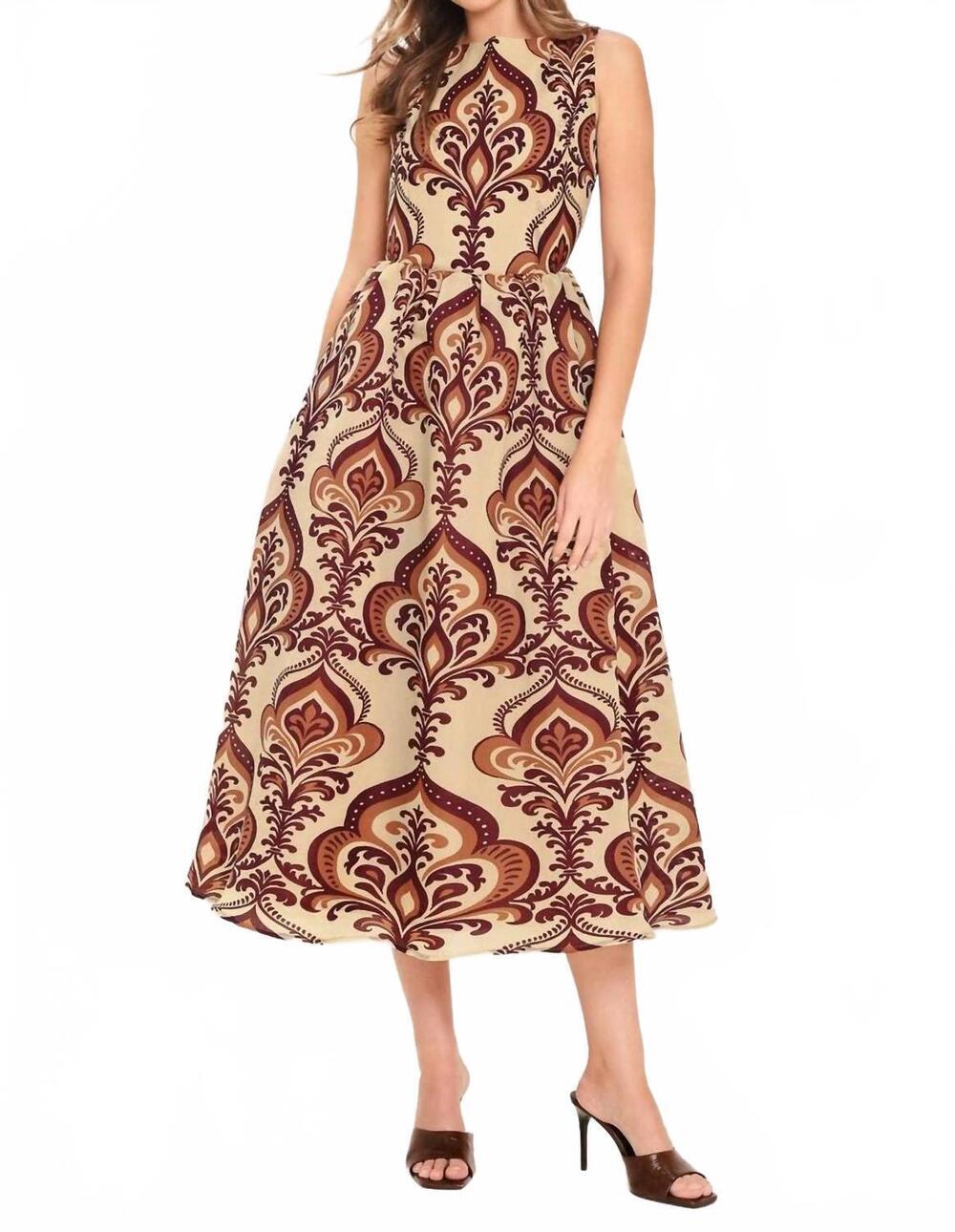 NEW FLYING TOMATO printed woven midi dress in taupe